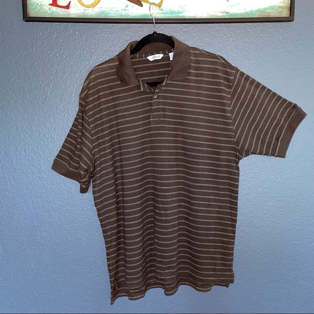 Izod golf striped polo mens size large brown short sleeve collar button top - Picture 3 of 9